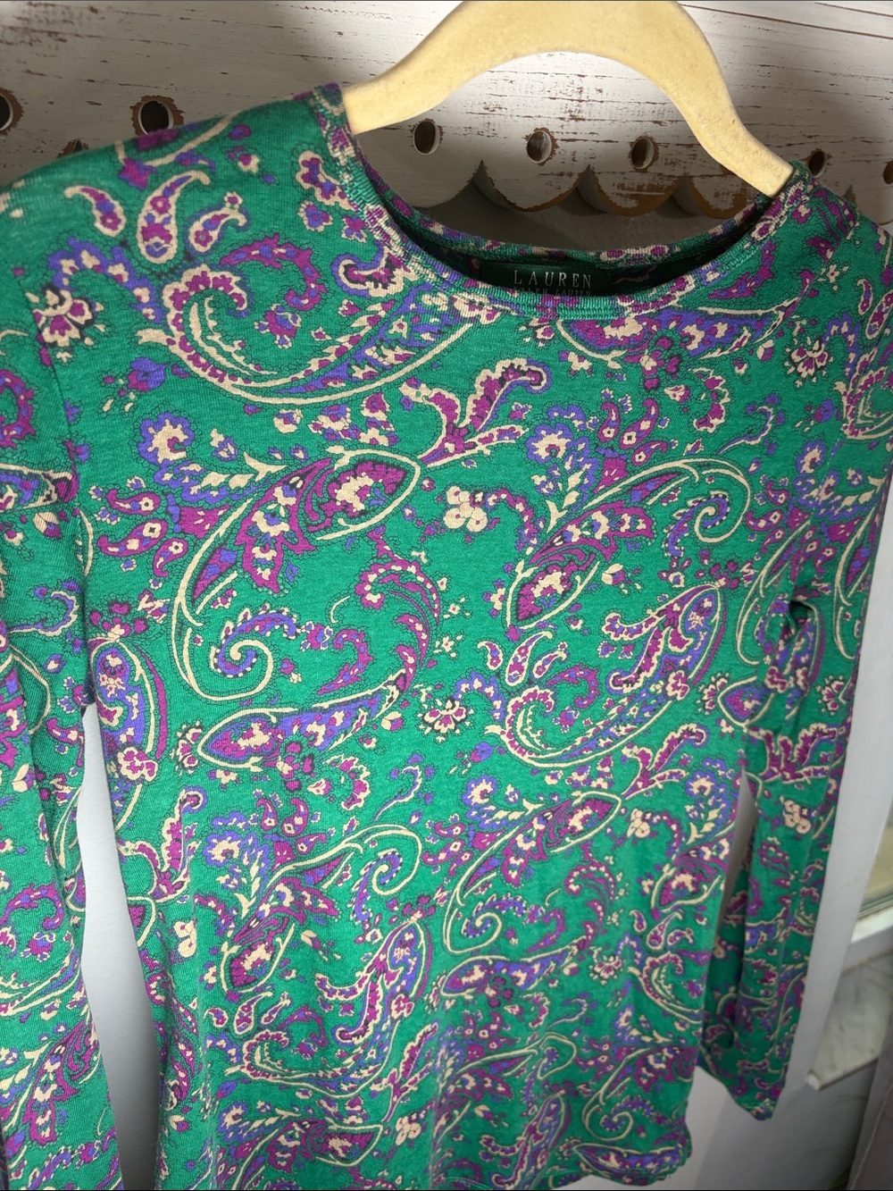 Vintage Ralph Lauren Green Paisley Crewneck Long-Sleeve Tee